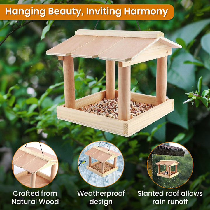 Pet Feeders | CasaFoyer Rustic Wooden Hanging Bird Table Feeder with Wide Open Tray | A Rooftop Haven for Birds | casafoyer.myshopify.com