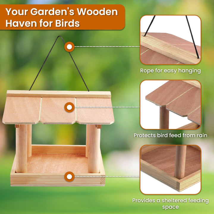 Pet Feeders | CasaFoyer Rustic Wooden Hanging Bird Table Feeder with Wide Open Tray | A Rooftop Haven for Birds | casafoyer.myshopify.com